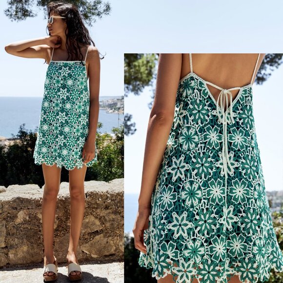 New ZARA Crochet Floral Green Mini Dress, size XS - Picture 1 of 16
